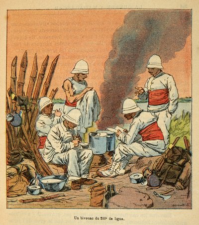 Madagaskarin sota - Henri Galli dit Galllichet (1854-1922) ranskalaisten tutkimusretkien anekdoottinen historia, kuvittanut Louis Bombled (1862-1927): 200. rivin bivouakki Madagaskarilla vuonna 1895, yksityinen kokoelma tekijältä Louis Charles Bombled