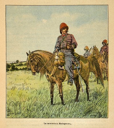 Madagaskarin sota - Henri Galli dit Galllichet (1854-1922) ranskalaisten tutkimusretkien anekdoottinen historia, kuvittanut Louis Bombled (1862-1927): La cavalerie francaise à Madagascar, kokoelma osittainen tekijältä Louis Charles Bombled