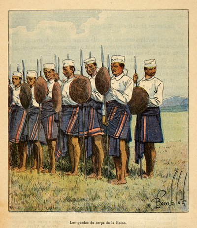 Madagaskarin sota - Henri Galli dit Galllichetin (1854-1922) ranskalaisten tutkimusretkien anekdoottinen historia, kuvittaja Louis Bombled (1862-1927): Kuningatar Ranavalonan vartijat, yksityinen kokoelma tekijältä Louis Charles Bombled