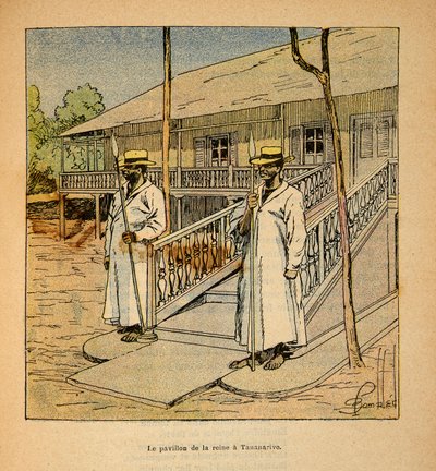 Madagaskarin sota - Henri Galli dit Galllichetin (1854-1922) ranskalaisten tutkimusmatkojen anekdoottinen historia, kuvittanut Louis Bombled (1862-1927): Kuningatar Ranavalonan paviljonki Tananarivessa vuonna 1895, yksityinen kokoelma tekijältä Louis Charles Bombled