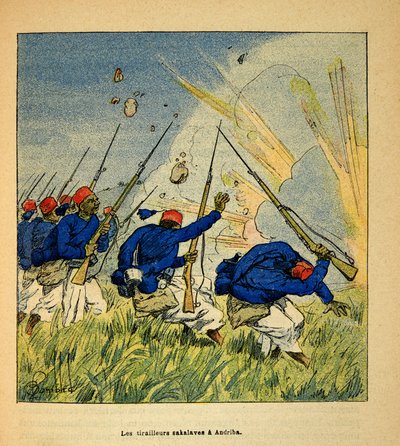 Madagaskarin sota - Henri Galli dit Galllichetin (1854-1922) ranskalaisten tutkimusretkien anekdoottinen historia vuosina 1885-1895, kuvittanut Louis Bombled (1862-1927): Yksityiskokoelma tekijältä Louis Charles Bombled