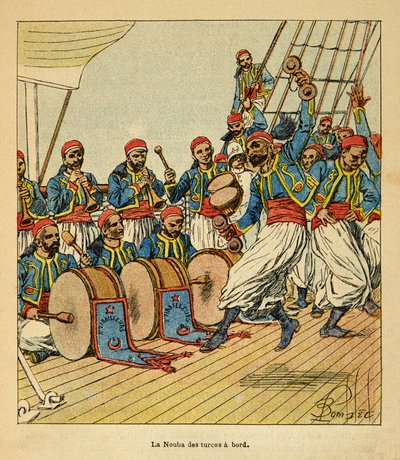 Madagaskarin sota - Henri Galli dit Galllichet (1854-1922) ranskalaisten tutkimusmatkojen anekdoottinen historia, kuvittanut Louis Bombled (1862-1927): Yhdeksän turkkilaista laivalla, jotka purjehtivat Madagaskarille, yksityinen kokoelma tekijältä Louis Charles Bombled