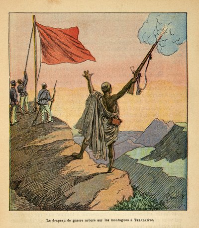 Madagaskarin sota - Henri Galli dit Galllichet (1854-1922) ranskalaisten tutkimusretkien anekdoottinen historia, kuvittanut Louis Bombled (1862-1927): Madagaskarin punaisen sodan lipputehdas Tananariven vuoristossa, yksityinen kokoelma tekijältä Louis Charles Bombled