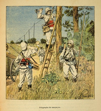 Madagaskarin sota - Henri Galli dit Galllichetin (1854-1922) ranskalaisten retkikuntien vuosien 1885-1895 anekdoottinen historia, kuvannut Louis Bombled (1862-1927): Armeijan kampanjalennätin toteuttaa Madagaskarilla vuonna 1895, yksityinen coll tekijältä Louis Charles Bombled