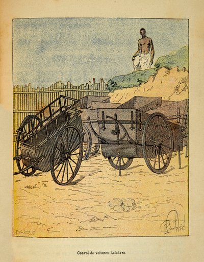 Madagaskarin sota - Henri Galli dit Galllichetin (1854-1922) ranskalaisten retkien vuosien 1885-1895 anekdoottinen historia, kuvannut Louis Bombled (1862-1927): Autosaattue, jota Lefebvre käyttää joukkojen toimittamiseen, Yksityinen kokoelma tekijältä Louis Charles Bombled