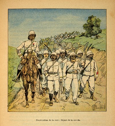 Madagaskarin sota - Henri Galli dit Galllichetin (1854-1922) ranskalaisten tutkimusmatkojen anekdoottinen historia, kuvittanut Louis Bombled (1862-1927): Tien rakentaminen Madagaskarilla, Corveen alku, Yksityinen kokoelma tekijältä Louis Charles Bombled