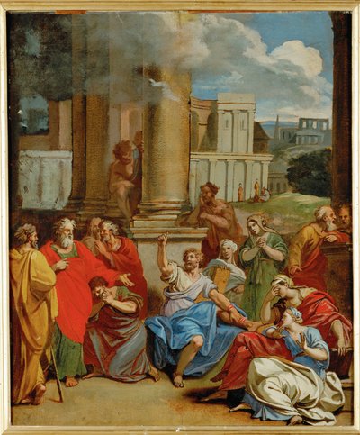 Profeetta Agabus ennustaa pyhälle Paavalille, mitä hän joutuu kärsimään Jerusalemissa (maalaus kankaalle). tekijältä Louis Cheron