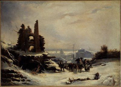 Paluu torilta (lumisade Pariisissa), n. 1830 (öljy kankaalle) tekijältä Louis Claude Mallebranche