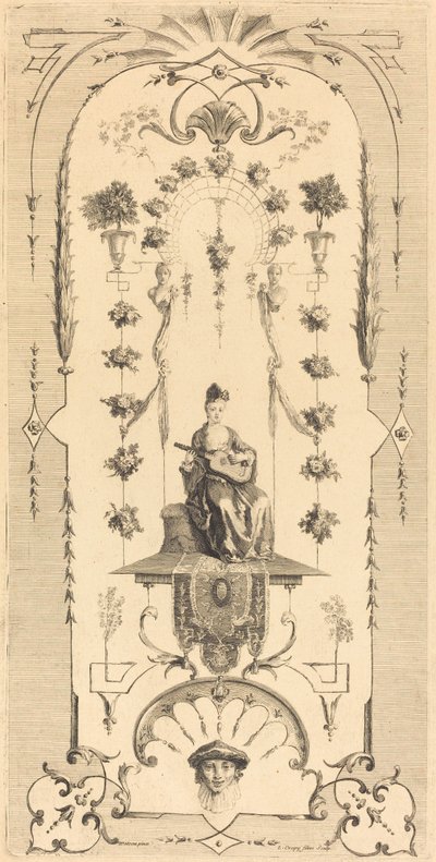 Istuva nainen soittaa kitaraa tekijältä Louis Crépy after Antoine Watteau