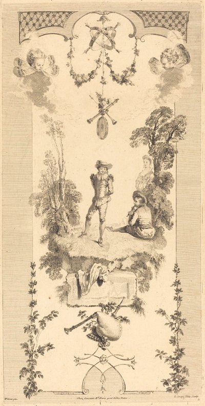 Paimen tanssii huilun äänen tahtiin tekijältä Louis Crépy after Antoine Watteau