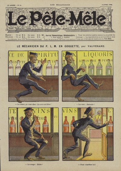 P.L.M.:n mekaanikko liikkeellä. Le Pele-Mele -lehden kuvitus, 1906 tekijältä Louis Denis Valverane