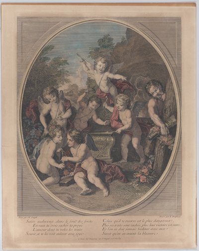 Rohkea satiiri metsän syvyyksissä Rohkea satiiri, metsän syvyyksissä, 1714-39. tekijältä Louis Desplaces