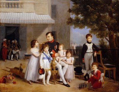 Keisari Napoleon I Château Saint-Cloudin terassilla lastensa ympäröimänä tekijältä Louis Ducis