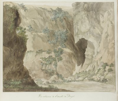 Buitenwand van de grot Ear of Dionysios Ulkokuva Dionysioksen korvasta (otsikko esineessä) Matkat Italiassa, Sisiliassa ja Maltassa - 1778 (sarjan nimi) tekijältä Louis Ducros