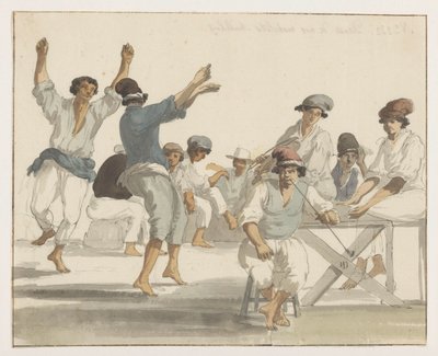 Dansende maltezer matrozen Maltan merimiestemme tanssi (otsikko esineessä) Matkat Italiassa, Sisiliassa ja Maltassa - 1778 (sarjan nimi) tekijältä Louis Ducros