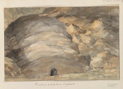 Ulkopuoli van grot Santa Maria Capella Edellisen numeron luolan ulkokuva (otsikko esineessä) Matkat Italiassa, Sisiliassa ja Maltassa - 1778 (sarjan nimi) tekijältä Louis Ducros