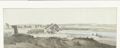 Gezicht op Canosan silta Ofanto-joen yli Pugliassa Näkymä Pont de Canosan yli Ofanton (Aufidus) (otsikko esineessä) Matka Italiaan, Sisiliaan ja Maltalle - 1778 (sarjan nimi) tekijältä Louis Ducros