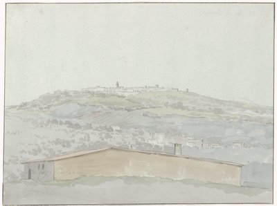 Gezicht op Montefusco Näkymä Montefuscolle (otsikko esineessä) Matkat Italiassa, Sisiliassa ja Maltassa - 1778 (sarjan nimi) tekijältä Louis Ducros