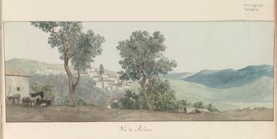 Gezicht op Paterno Näkymä Paternosta (otsikko esineessä) Matkat Italiassa, Sisiliassa ja Maltassa - 1778 (sarjan nimi) tekijältä Louis Ducros