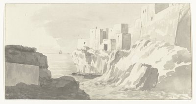 Gezicht op Polignano Näkymä Polignanon kaupunkiin (otsikko esineessä) Matkat Italiassa, Sisiliassa ja Maltassa - 1778 (sarjan nimi) tekijältä Louis Ducros