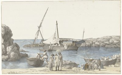 Gezicht op Taranto en haven on Luogo Vivo Näkymä Tarentin-rakennuksestamme ja edellisen maadoituksen satamasta (otsikko esineessä) Matkat Italiassa, Sisiliassa ja Maltalla - 1778 (sarjan nimi) tekijältä Louis Ducros