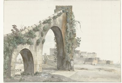 Gezicht op aquaduct en de stad Taranto Näkymä Aquaductille ja Taranton kaupunkiin (otsikko esineessä) Matkat Italiassa, Sisiliassa ja Maltassa - 1778 (sarjan nimi) tekijältä Louis Ducros