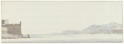 Gezicht op de kust van Calabrië vanaf het uiterste punt van de vesting Messina Näkymä Calabrian rannikolle Messinan linnoituksen ulkokulmasta (otsikko esineessä) Matkat Italiassa, Sisiliassa ja Maltassa - 1778 (sarjan nimi) tekijältä Louis Ducros