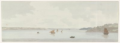 Gezicht op een deel van het Mare Piccolo Näkymä osasta Mare Piccoloa, jossa oli vanhan sillan sijainti, Galesuksen suu (otsikko esineessä) Matkat Italiassa, Sisiliassa ja Maltassa - 1778 (sarjan nimi) tekijältä Louis Ducros