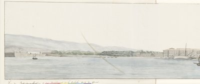 Gezicht op haven van Messina en bergen van Calabrië vanaf kade Näkymä Messinan satamasta ja Calabrian vuorista otettuna laiturilta (otsikko esineessä) Matkat Italiassa, Sisiliassa ja Maltassa - 1778 (sarjan nimi) tekijältä Louis Ducros