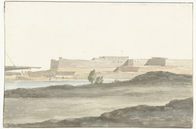 Näkymä linnalle Barlettan satamassa Vue du Château, qui domine le port de Barletta (otsikko esineessä) Voyage en Italy, en Sicile et à Malte - 1778 (sarjan nimi) tekijältä Louis Ducros