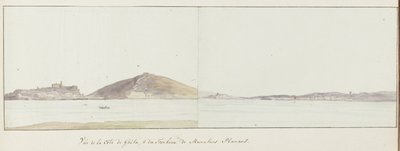 Gezicht op kust van Gaeta en mausoleum van Munatius Plancus (Lucio Munazio Planco) Vue de la côte de Gaëta ja du Tombeau de Munatius Plancus (otsikko esineessä) Voyage en Italie, en Sicile et à Malte - 1778 (sarjan nimi) tekijältä Louis Ducros