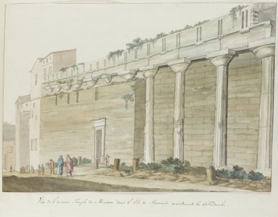 Gezicht op oude Minerva-temppeli eilandissa Syrakusassa Näkymä muinaisesta Minervan temppelistä Syrakusan saarella (otsikko esineessä) Matkat Italiassa, Sisiliassa ja Maltassa - 1778 (sarjan nimi) tekijältä Louis Ducros