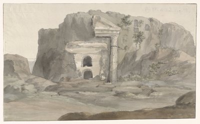 Haudat, joissa on doric-tyylinen julkisivu, kaiverrettu kallioon lähellä Syracusea Voyage en Italy ja Sicile et à Malte - 1778 (sarjan nimi) tekijältä Louis Ducros
