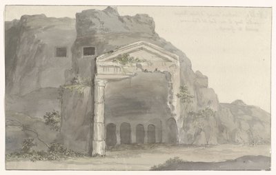 Haudat, joissa on doric-tyylinen julkisivu kaiverrettu kallioon lähellä Syracusea Voyage en Italy ja Sicile et à Malte - 1778 (sarjan nimi) tekijältä Louis Ducros