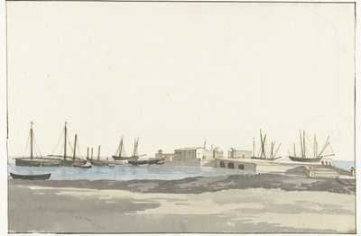 Barlettan satama laivoineen Mole du port de Barletta (otsikko esineessä) Voyage en Italy, en Sicile et à Malte - 1778 (sarjan nimi) tekijältä Louis Ducros