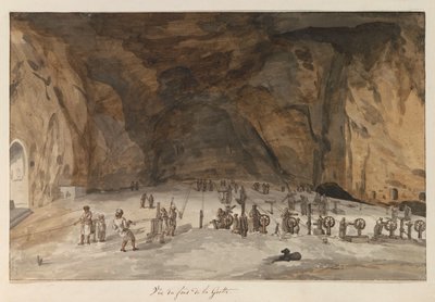 Sisustus van grot Santa Maria Capella Näkymä luolan pohjalta (otsikko esineessä) Matkat Italiassa, Sisiliassa ja Maltassa - 1778 (sarjan nimi) tekijältä Louis Ducros