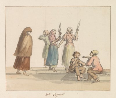Gozon saaren perinteiset puvut Costume de Ghozo (nimi esineessä) Voyage en Italy ja Sicile et à Malte - 1778 (sarjan nimi) tekijältä Louis Ducros