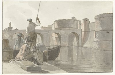 Uusi vestingsgracht van de vestingwerken Tarantossa Näkymä Taranton linnoituksen uudesta vallihaudasta (otsikko esineessä) Matkat Italiassa, Sisiliassa ja Maltassa - 1778 (sarjan nimi) tekijältä Louis Ducros
