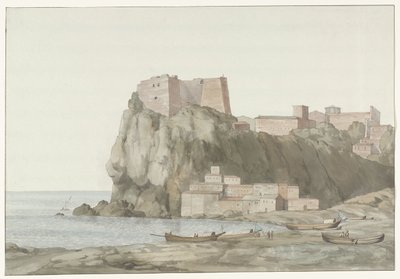 Burps in stad Scilla in de regio Calabrië aan de westkust Rock & Town of Scilla Calabriassa; näkymä auringonlaskun puolelta (otsikko esineessä) Matkat Italiassa, Sisiliassa ja Maltassa - 1778 (sarjan nimi) tekijältä Louis Ducros