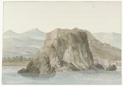 Kallio ja Scillan kaupunki Calabrian alueella mereltä katsottuna pohjoispuolella Rocher & Ville de Scilla ja Calabre; vue-palkinto en mer, du côté du Nord (otsikko esineessä) Voyage en Italy ja Sicile et à Malte - 1778 (sarjan nimi) tekijältä Louis Ducros