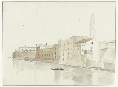 Stadsgezicht in Bari vanuit een raam in de herberg Näkymä Barin kaupungin pisteestä hostellimme ikkunasta (otsikko esineessä) Matkat Italiassa, Sisiliassa ja Maltassa - 1778 (sarjan nimi) tekijältä Louis Ducros