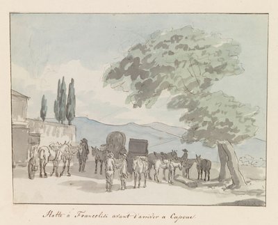 Pysähdy Francolisi voor aankomstissa Capuassa Pysähdy Francolisissa ennen saapumistasi Capuaan (otsikko esineessä) Matkat Italiassa, Sisiliassa ja Maltassa - 1778 (sarjan nimi) tekijältä Louis Ducros