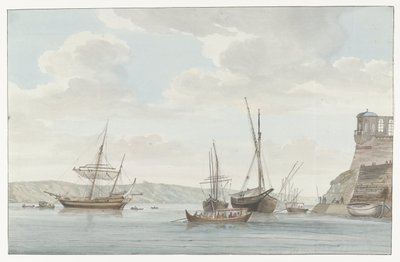 Tuinhuis van de Jardin du Grand Master uittorend boven de haven met galei schepen op Malta Pavillon du Jardin du Grand-Maître, vastapäätä Port des Galèresia Malthessa (otsikko esineessä) Matkat Italiassa, Sisiliassa ja Maltassa - 1778 (sarjan nimi) tekijältä Louis Ducros