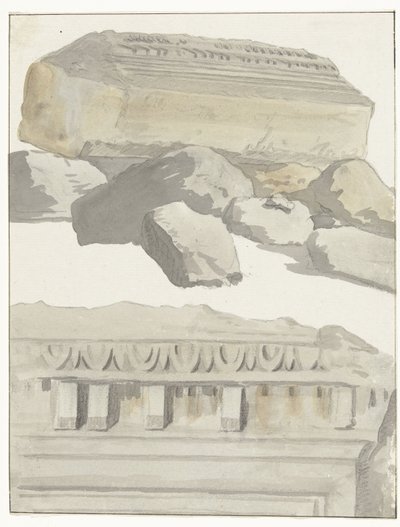 Twee stukken van een architraaf van de antieke temple in de oude stad Manduria Näkymä huoneesta, jossa on muinaisen temppelin arkkitehtuuri muinaisessa Mandurian kaupungissa Matkat Italiassa, Sisiliassa ja Maltassa - 1778 (sarjan nimi) tekijältä Louis Ducros