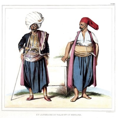 Palatsin Janissary ja bostangi (serail-puutarhuri). teoksessa "Matka Ateenaan ja Konstantinopoliin" tai kokoelma kreikkalaisia ja ottomaanien muotokuvia, näkymiä ja pukuja, jotka on maalattu Louis Dupren (1789-183) luonnonpaikkoihin, litografioihin ja väri tekijältä Louis Dupré