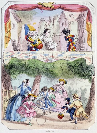 Polichinelle precepteur - litografia, teoksesta Theatre des marionnettes du jardin des Tuileries, teksti ja piirros Louis Edmond Duranty (1833-1880), Pariisi. tekijältä Louis Edmond Duranty