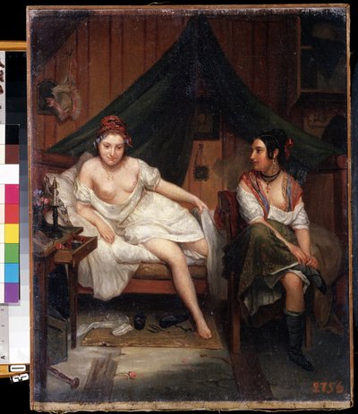 ""Muotokuva kahdesta nuoresta naisesta negligeeissä heräämässä rakkauden yön jälkeen (?)"" (kaksi tyttöä) Louis Eugene Bertierin (1809-?) maalaus 1800-luvun Mikhail Kroshitskyn taidemuseo, Sevastopol (Sevastopol) Ukraina tekijältä Louis Eugene ) Bertier