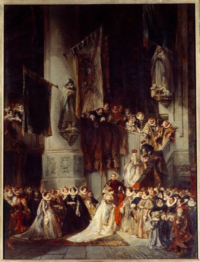 Seremonia Delftin kirkossa. Maalaus, joka kuvaa häitä Hollannissa 1500-luvulla. Louis Gabriel Eugene Isabeyn (1803-1886) maalaus tekijältä Louis Eugene Gabriel Isabey