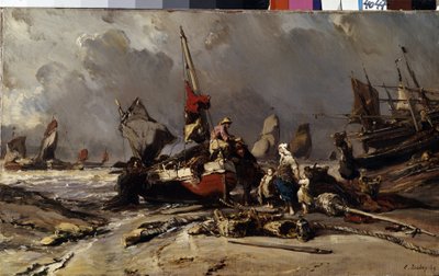 ""Myrskyn jälkeen"" (Myrskyn jälkeen) Kalastaja löytää perheensä myrskyn jälkeen. Louis Gabriel Eugene Isabeyn (1803-1886) maalaus 1869 Mitat 36,5x60 cm Eremitaaši, Pietari tekijältä Louis Eugene Gabriel Isabey