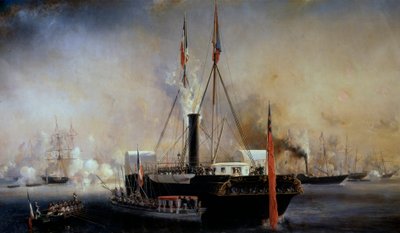Kuningas Ludvig Philippe I ja Ranskan kuningatar tapaavat kuningatar Victorian ja prinssi Albertin, jotka saapuivat Treportiin 2. syyskuuta tekijältä Louis Eugene Gabriel Isabey